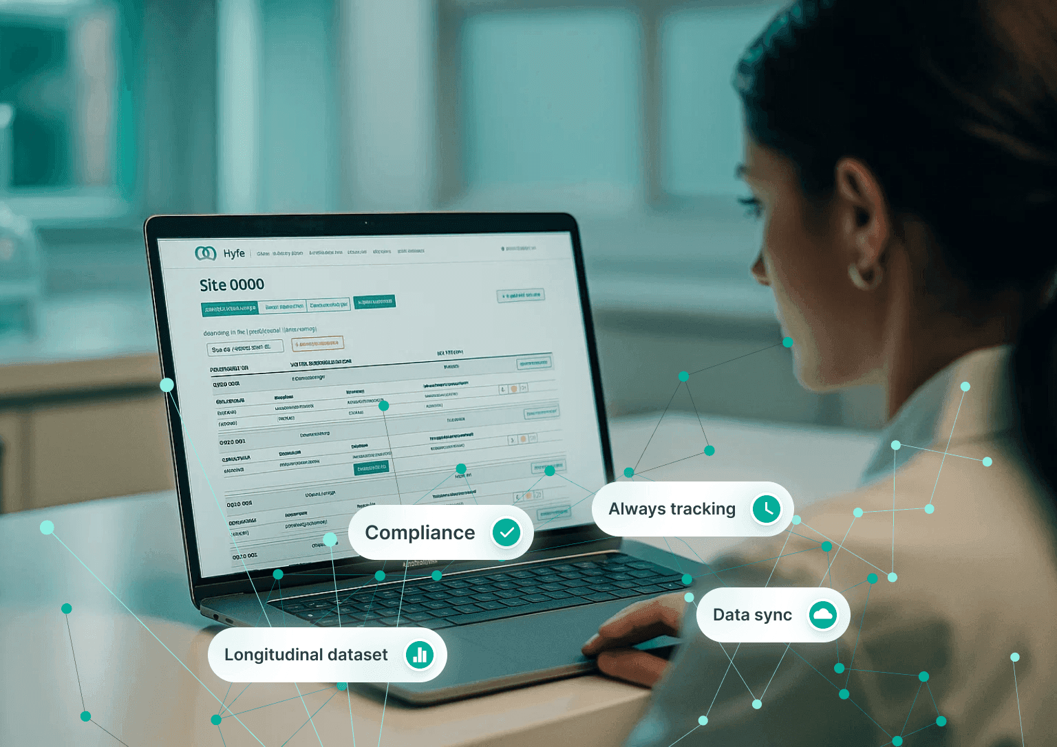 Hyfe continuous cough monitoring dashboard showing longitudinal dataset, compliance tracking, and data sync