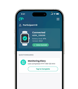 CoughMonitor Companion mobile app interface showing participant monitoring and questionnaires